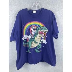 Unicorn Riding Dinosaur Shirt‎ Men's 2XL Purple Rainbow Novelty Graphic Tee